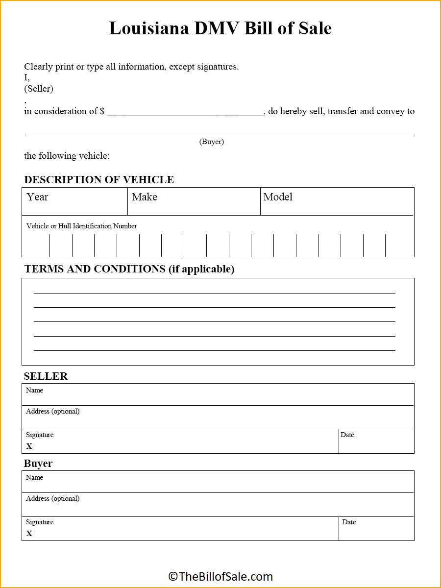 Louisiana Bill of Sale Form for General, Car, Vehicle & DMV [PDF]