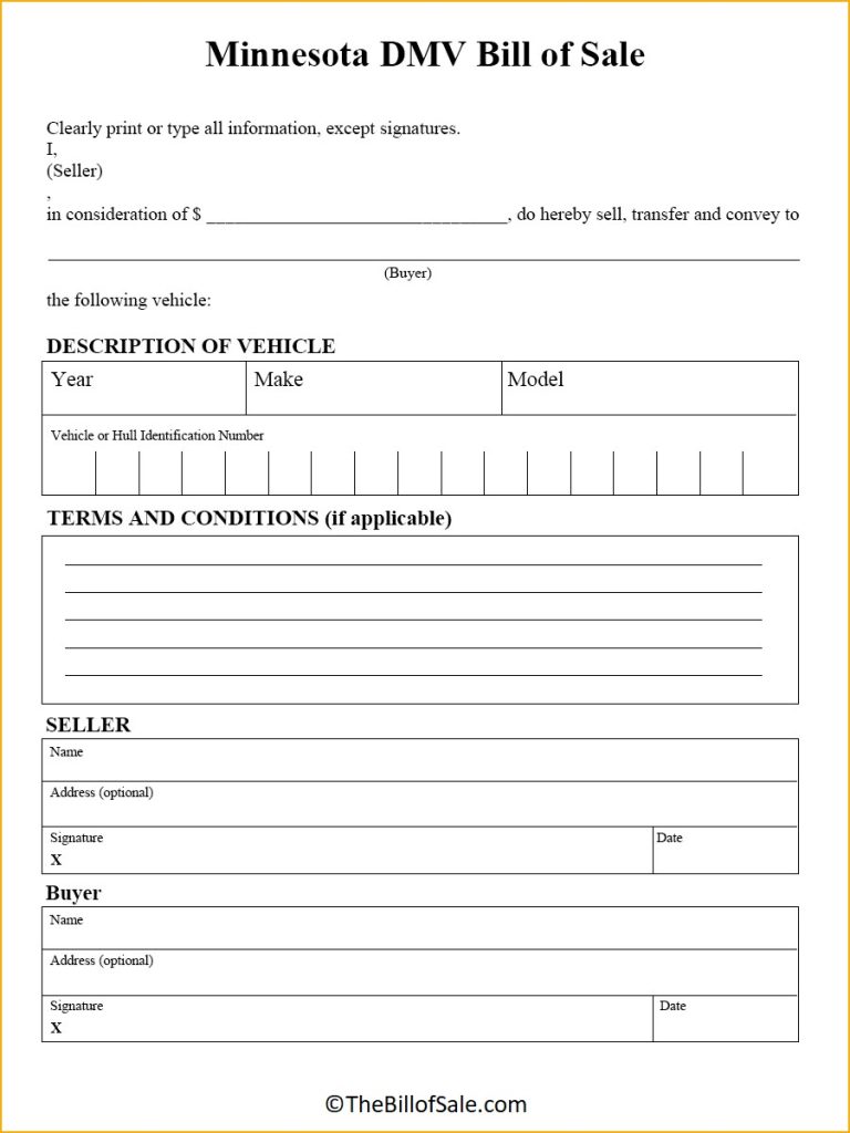 Minnesota Bill Of Sale Form For General, Car, Vehicle & DMV [PDF]