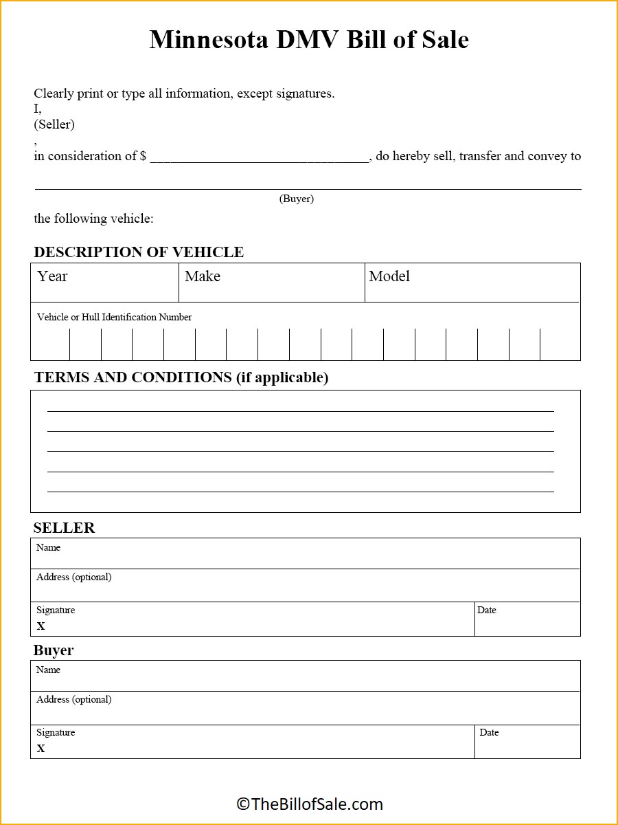 Minnesota Bill of Sale Form for General, Car, Vehicle & DMV [PDF]