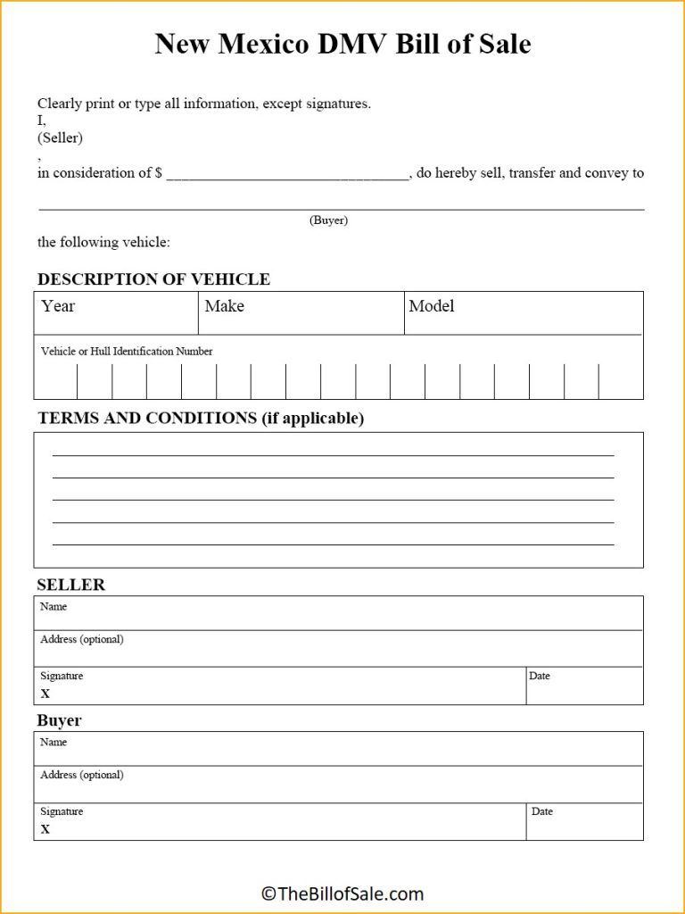 New Mexico Bill Of Sale Form For General Car Vehicle And Dmv Nm 6301