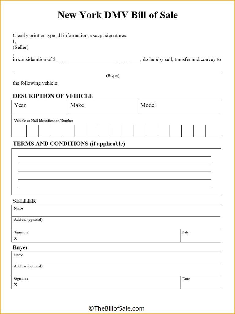 New York Bill of Sale Form for General, Car, Vehicle & DMV [PDF]