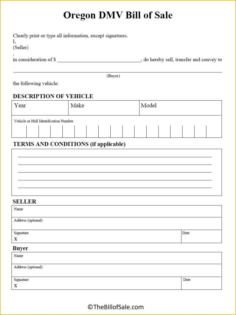 Oregon Bill Of Sale Form For General Car Vehicle And Dmv Pdf 7171