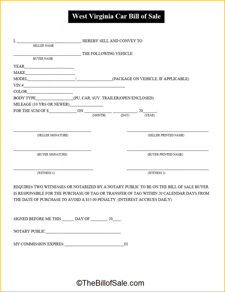 DMV West Virginia Bill of Sale Form