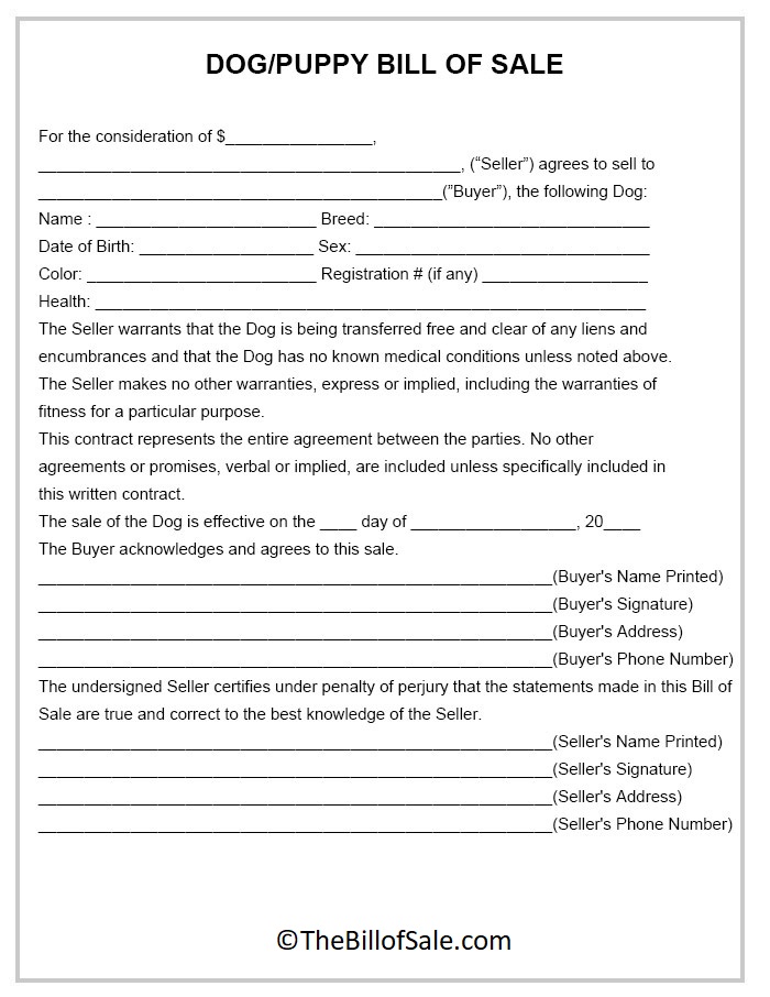 Dog Bill of Sale Form