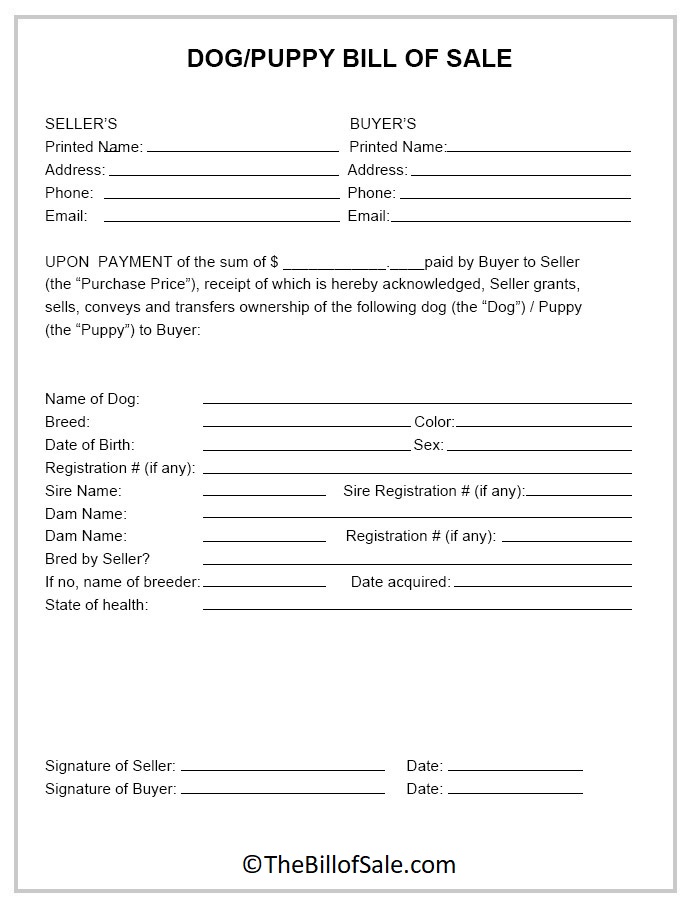 Dog Bill of Sale Form Template [Puppy] in Printable PDF