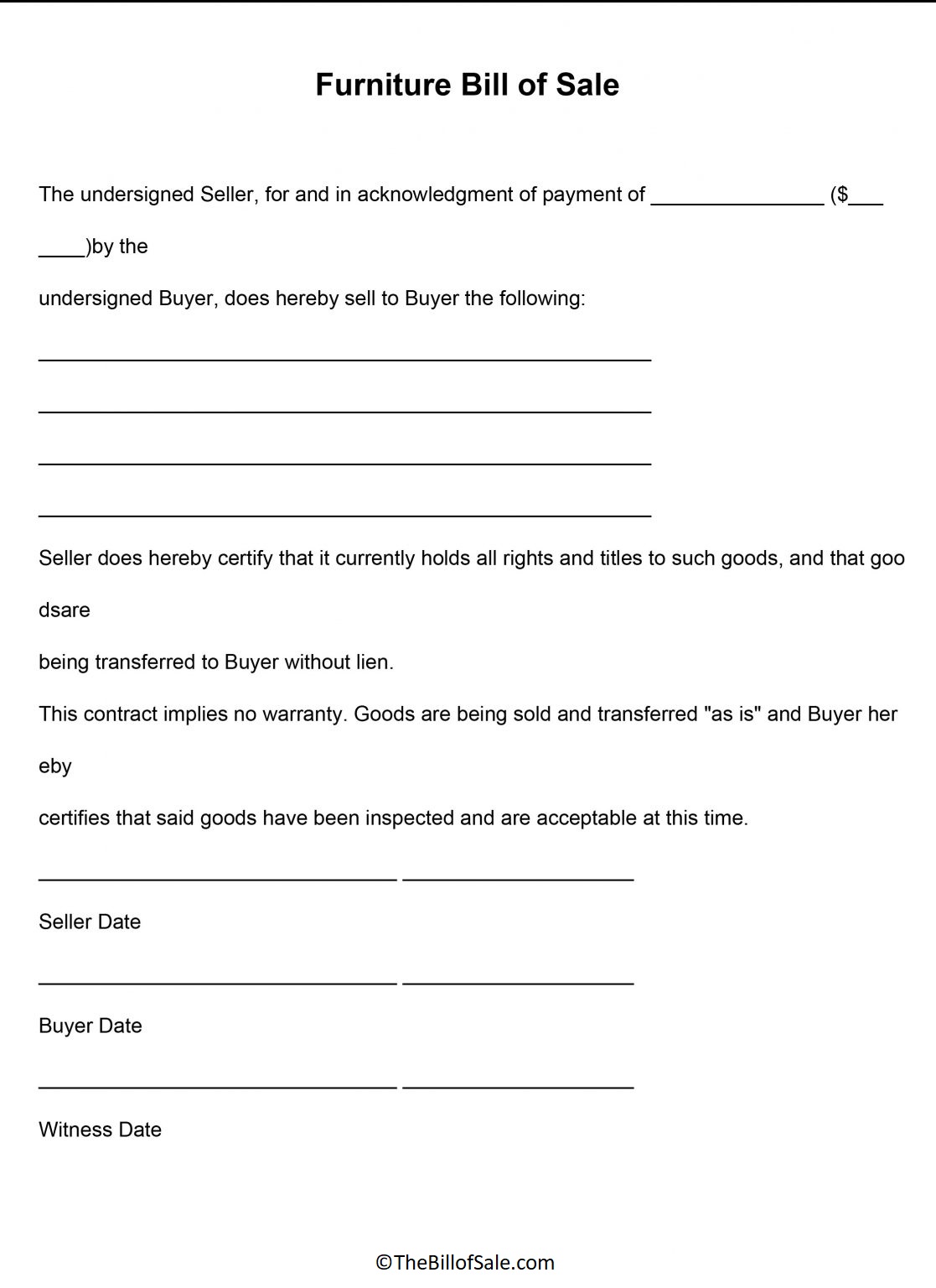 Furniture Bill of Sale Form Template in Printable PDF