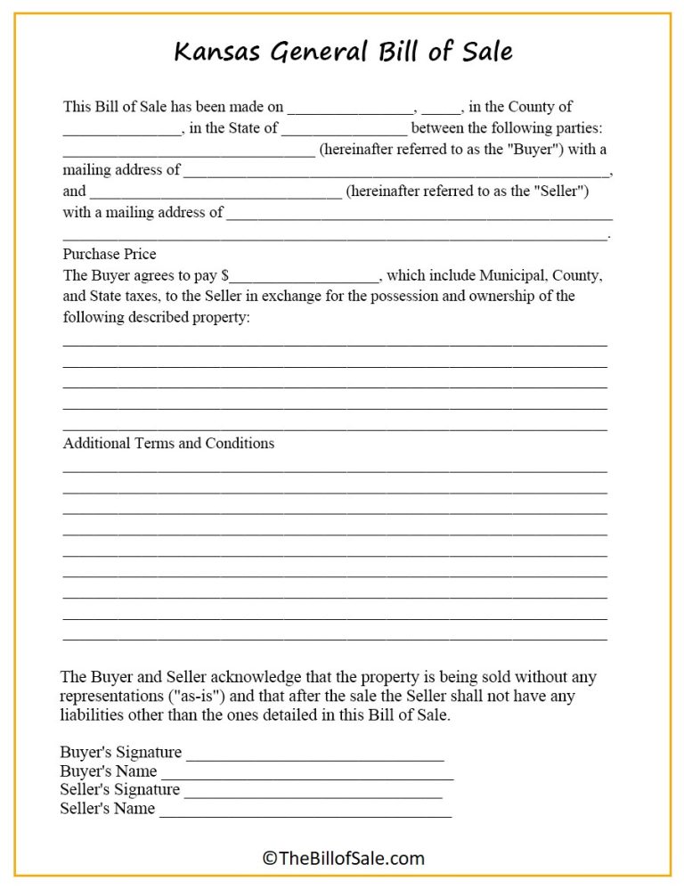 Kansas Bill of Sale Form for General, Car, Vehicle & DMV [PDF]