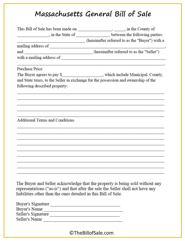 Massachusetts Bill Of Sale Form For General Car Vehicle DMV   General Massachusetts Bill Of Sale 788x1024 