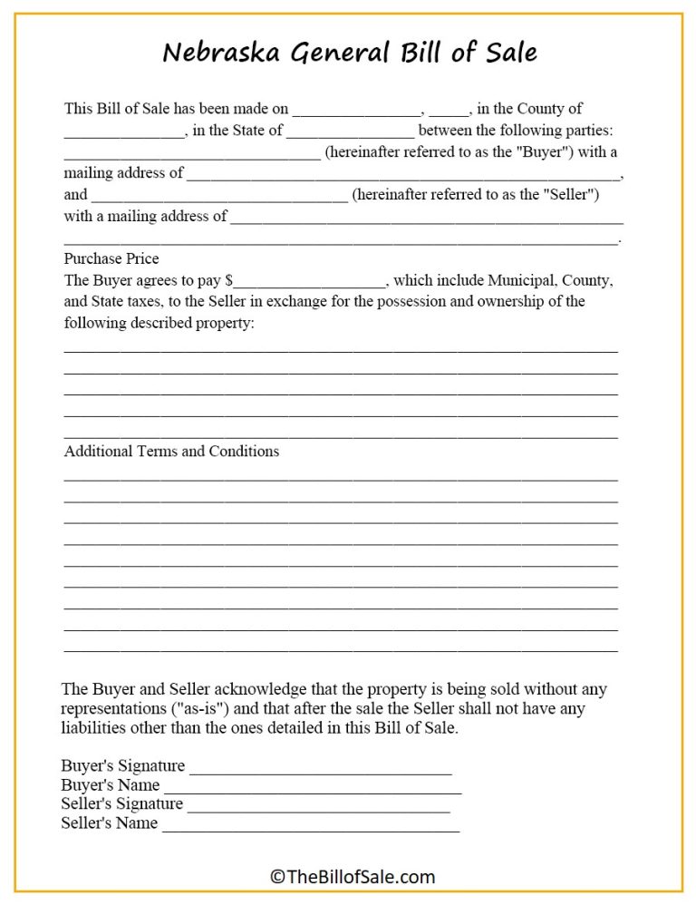 Nebraska Bill of Sale Form for General, Car, Vehicle & DMV [PDF]