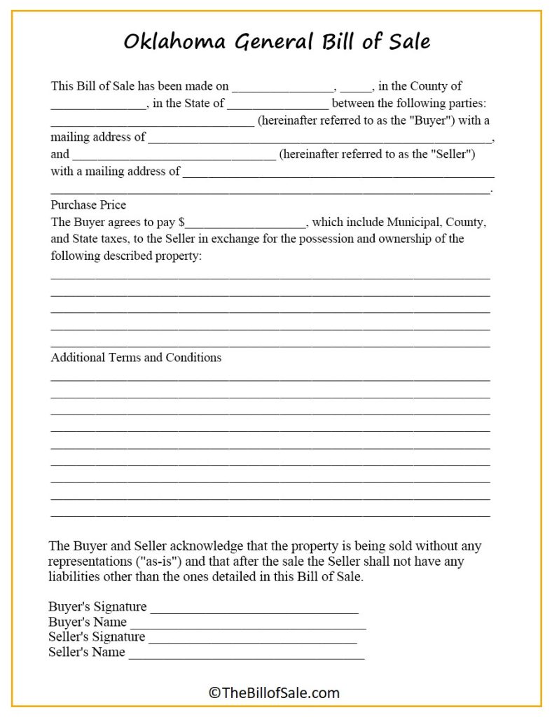 Oklahoma Bill Of Sale Form For General Car Vehicle And Dmv Pdf 8401