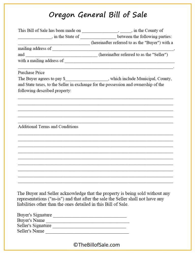 Oregon Bill Of Sale Form For General Car Vehicle And Dmv Pdf 1115