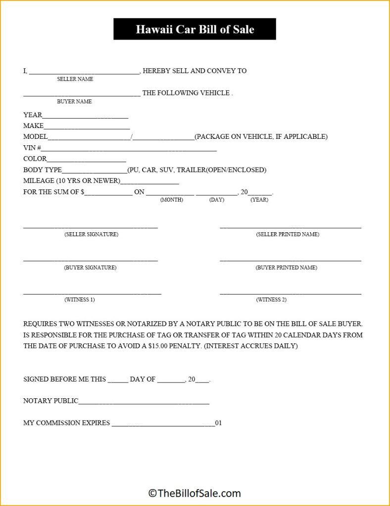 Hawaii Bill Of Sale Form For General Car Vehicle And Dmv Pdf 1820