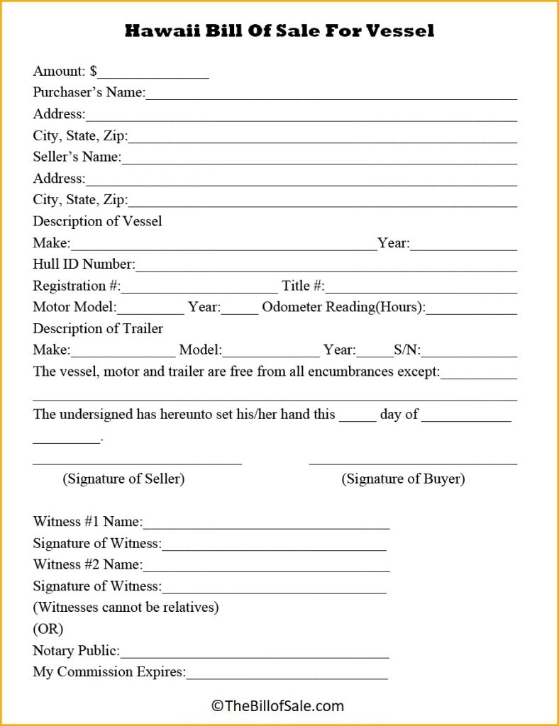 Hawaii Bill of Sale Form for General, Car, Vehicle & DMV [PDF]