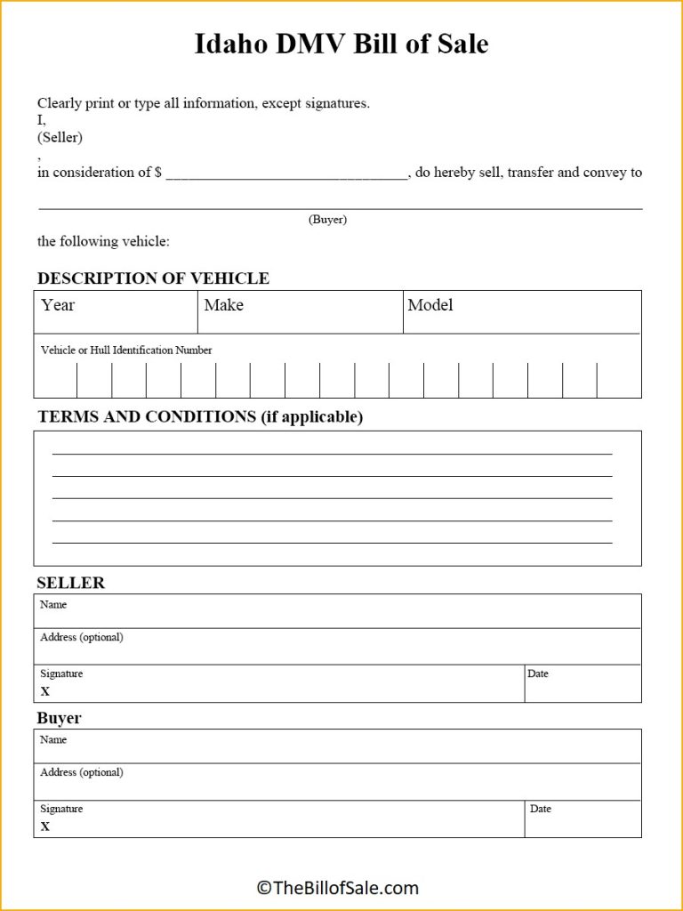 Idaho Bill of Sale Form for General, Car, Vehicle & DMV [PDF]
