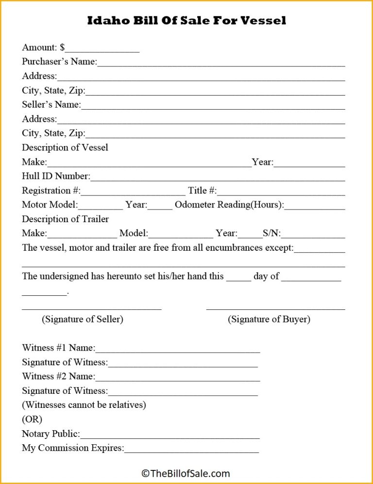Idaho Bill of Sale Form for General, Car, Vehicle & DMV [PDF]