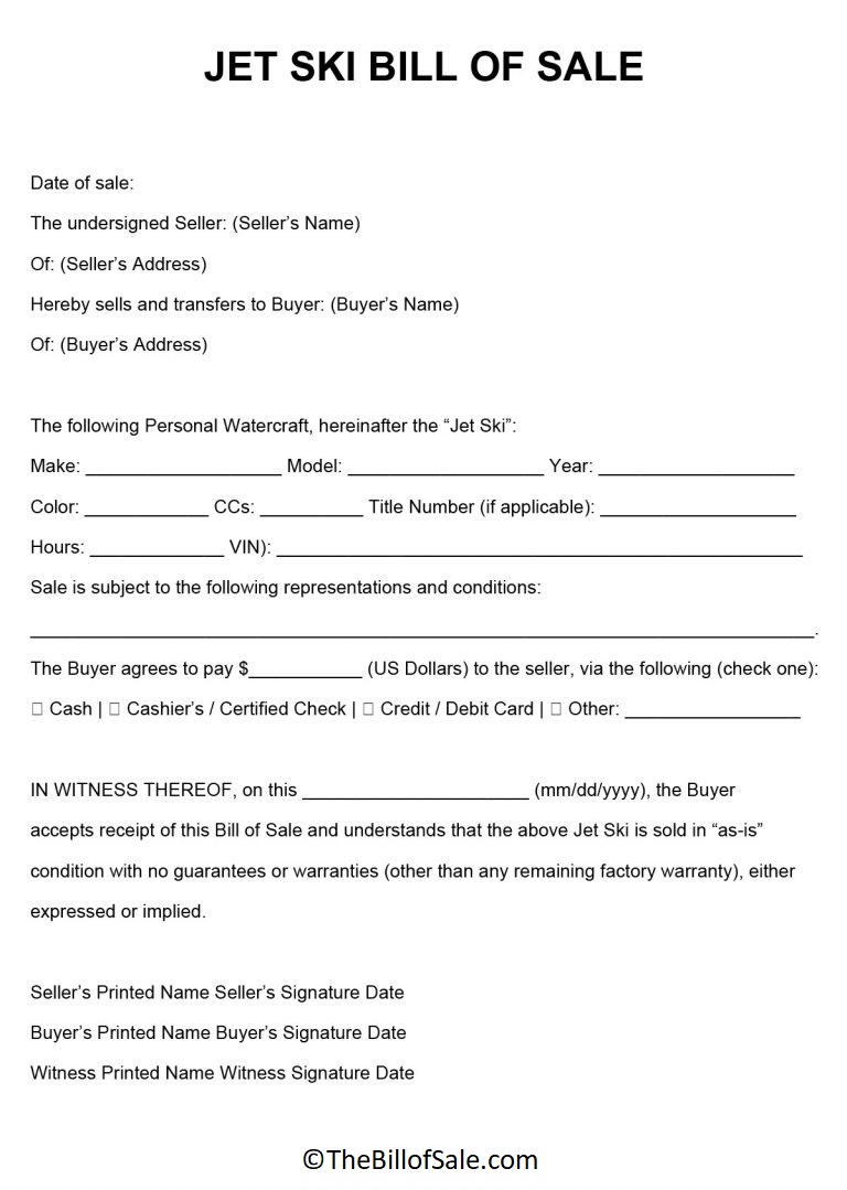 Jet Ski Bill of Sale Form