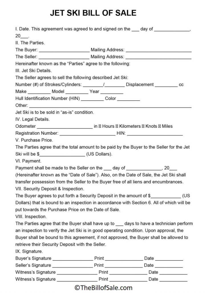 Jet Ski Bill of Sale Form Template Printable in PDF