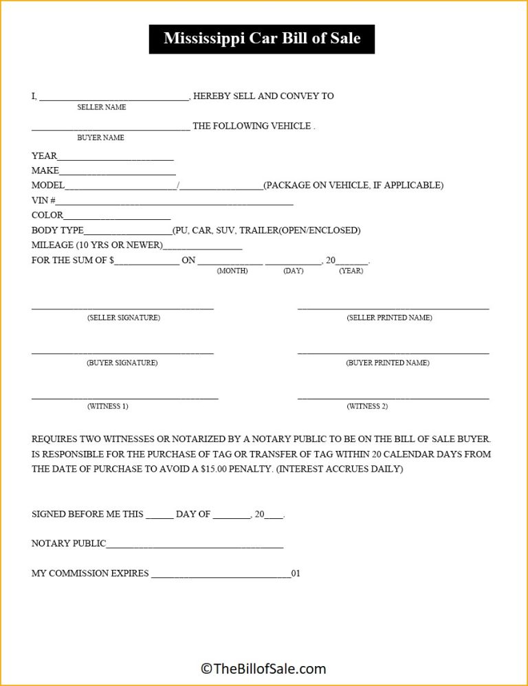 Mississippi Bill Of Sale Form For General Car Vehicle DMV PDF   Mississippi Car Bill Of Sale 768x998 