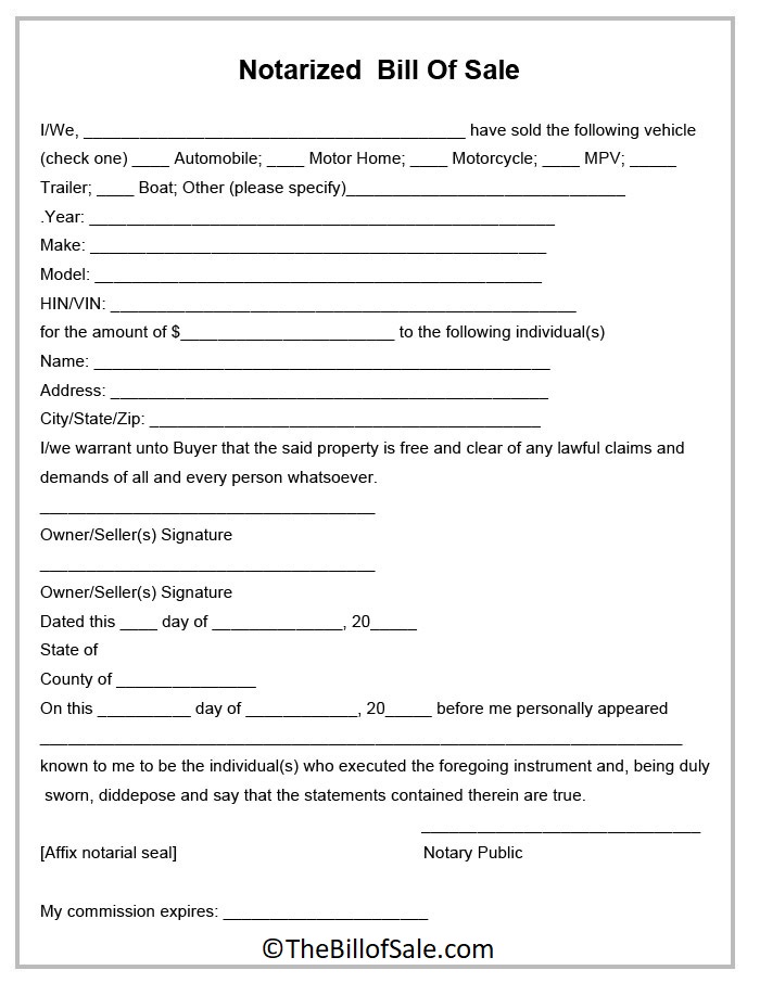 Notarized Bill of Sale Form