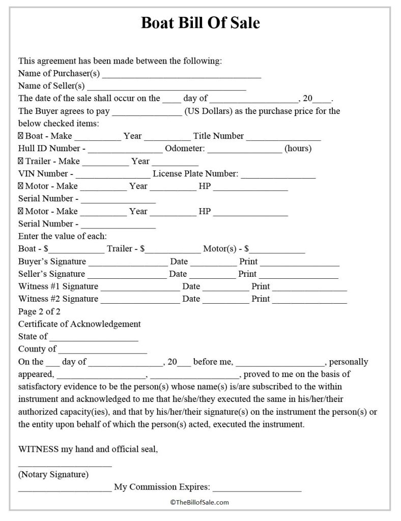 Boat Bill of Sale Form Template in Printable PDF Format