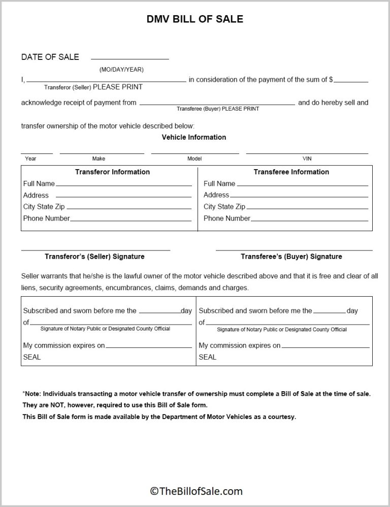 Dmv Bill Of Sale Form Template In Printable Pdf Format 4219