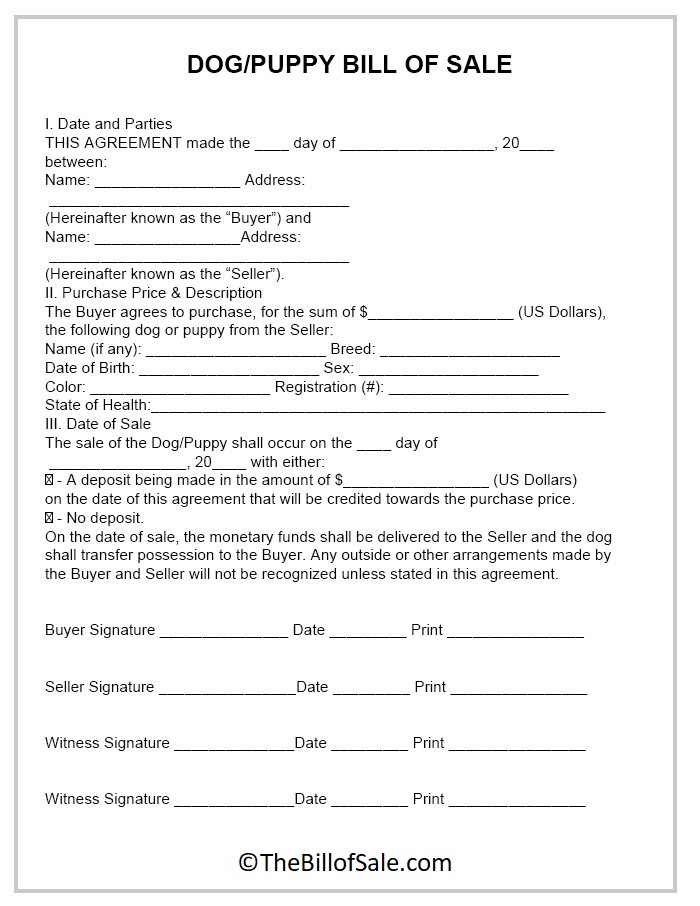 Dog Bill of Sale Form Template [Puppy] in Printable PDF