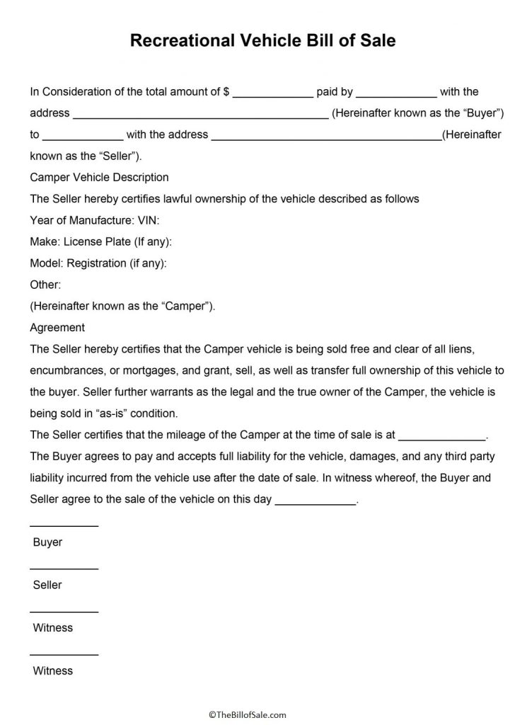 Rv Bill Of Sale Form 