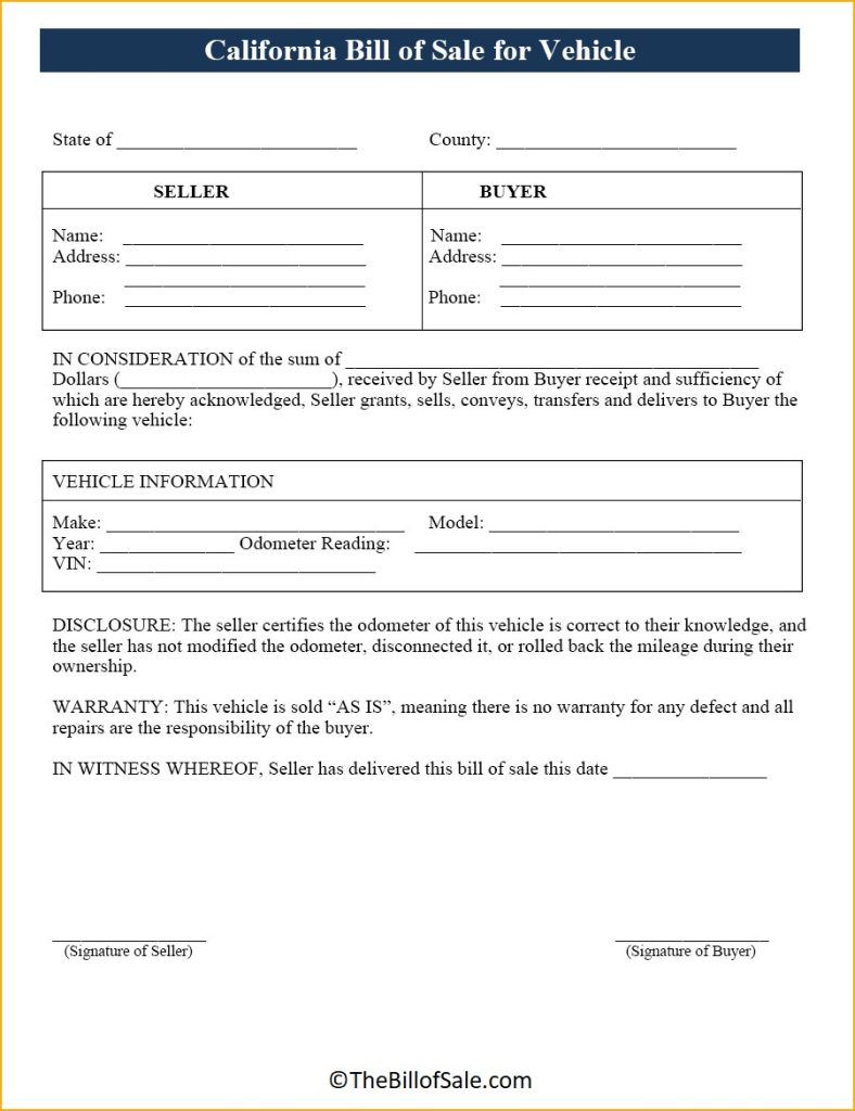 California Bill of Sale Form for General, Car, Vehicle & DMV [PDF]