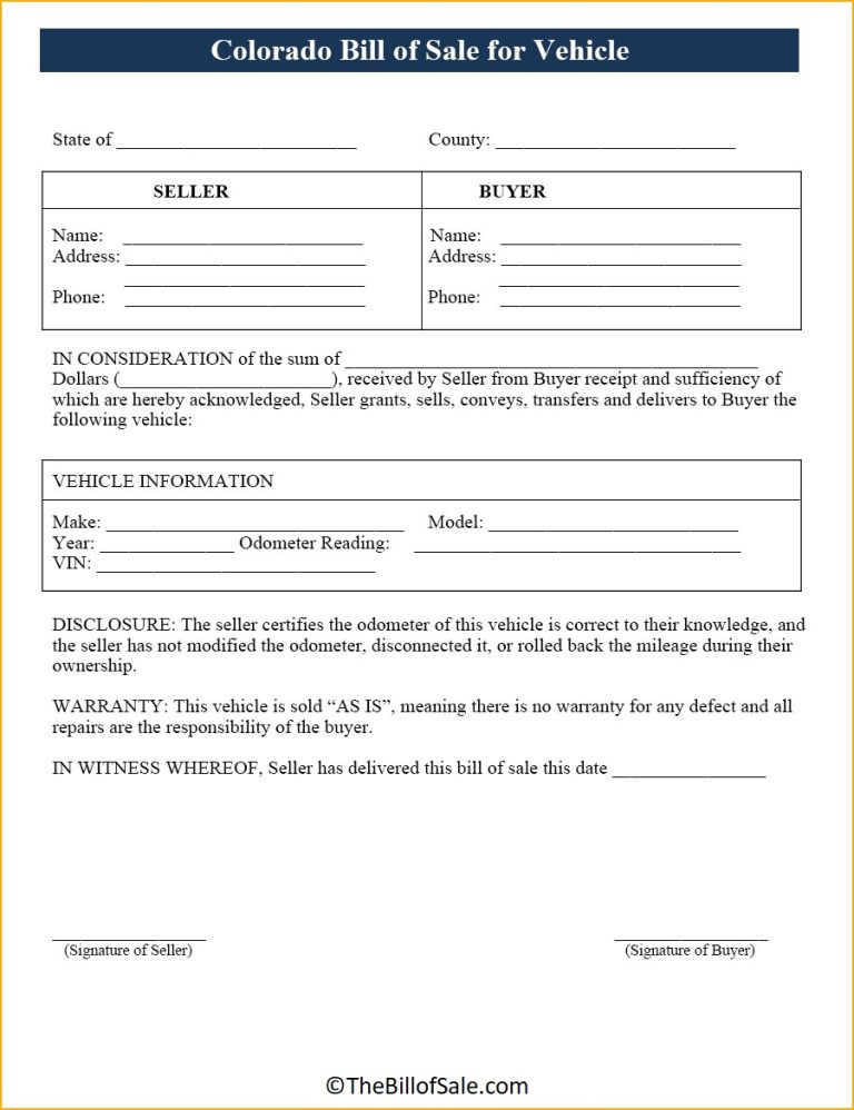 Colorado Bill of Sale Form for General, Car, Vehicle & DMV [PDF]