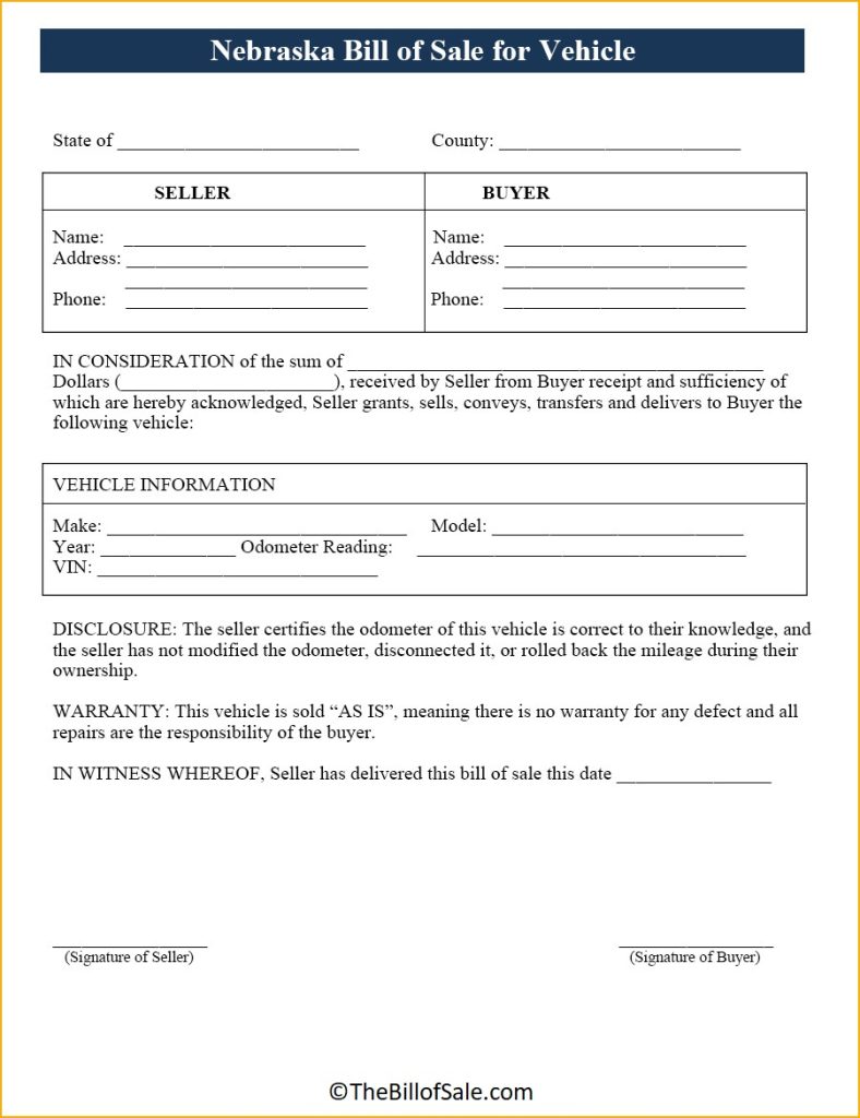 Nebraska Bill of Sale Form for General, Car, Vehicle & DMV [PDF]