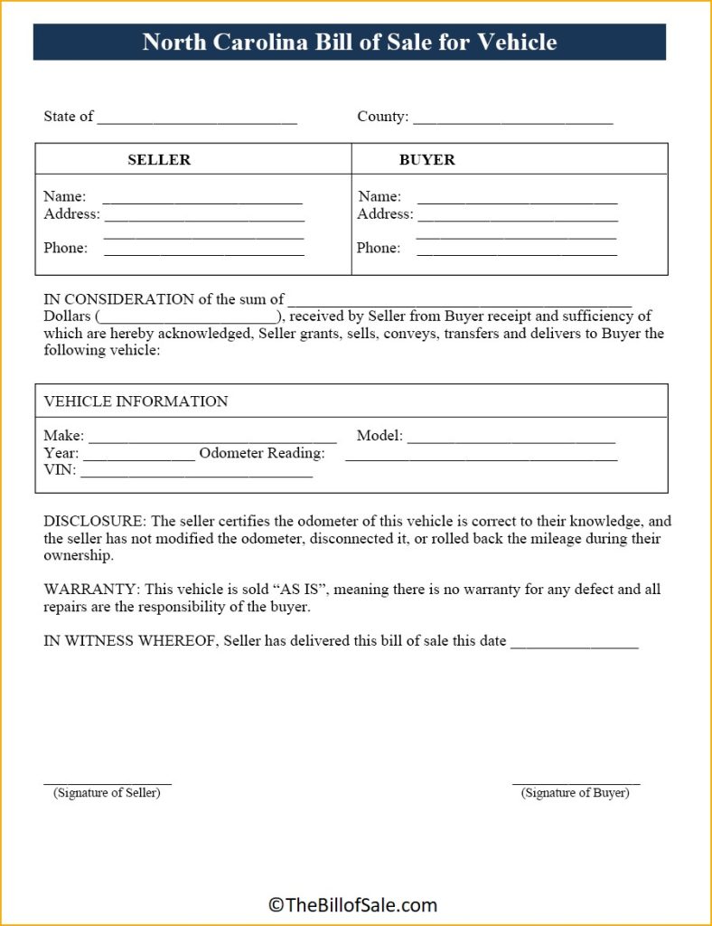 North Carolina Bill Of Sale Form For General Car Vehicle And Dmv 7838