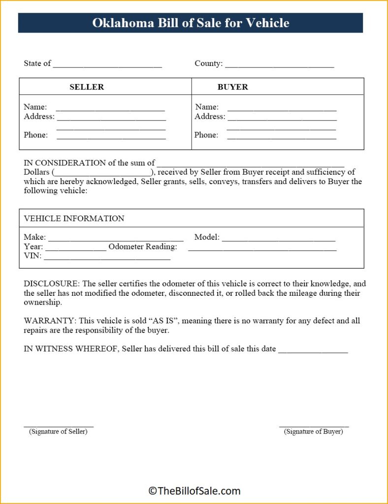 Oklahoma Bill Of Sale Form For General Car Vehicle And Dmv Pdf 6478