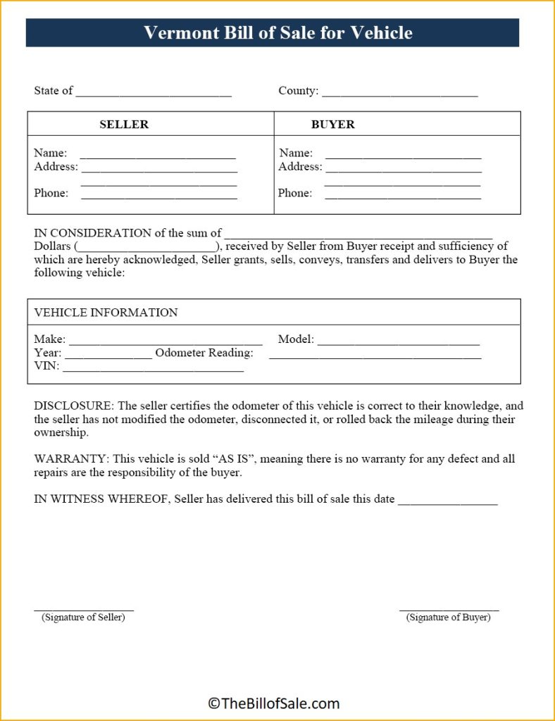 Vermont Bill Of Sale Form For General Car Vehicle And Dmv Pdf 7250