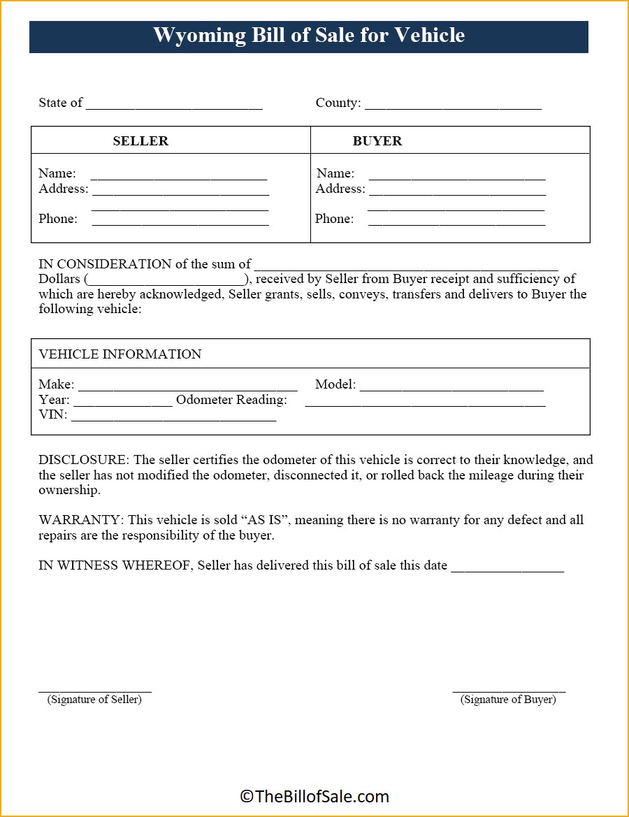 Wyoming Bill of Sale Form for General, Car, Vehicle & DMV [PDF]