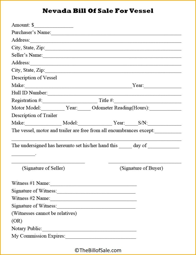 Nevada Bill Of Sale Form For General Car Vehicle DMV PDF   Vessel Nevada Bill Of Sale 788x1024 