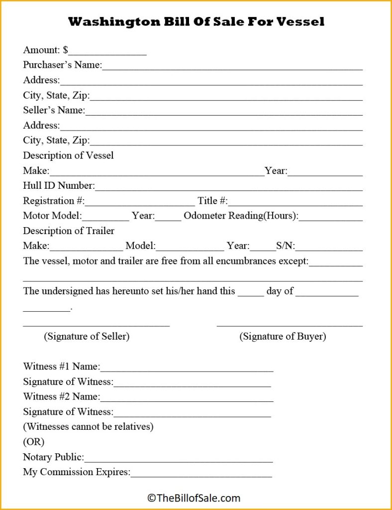 Washington Bill of Sale Form for General, Car, Vehicle & DMV