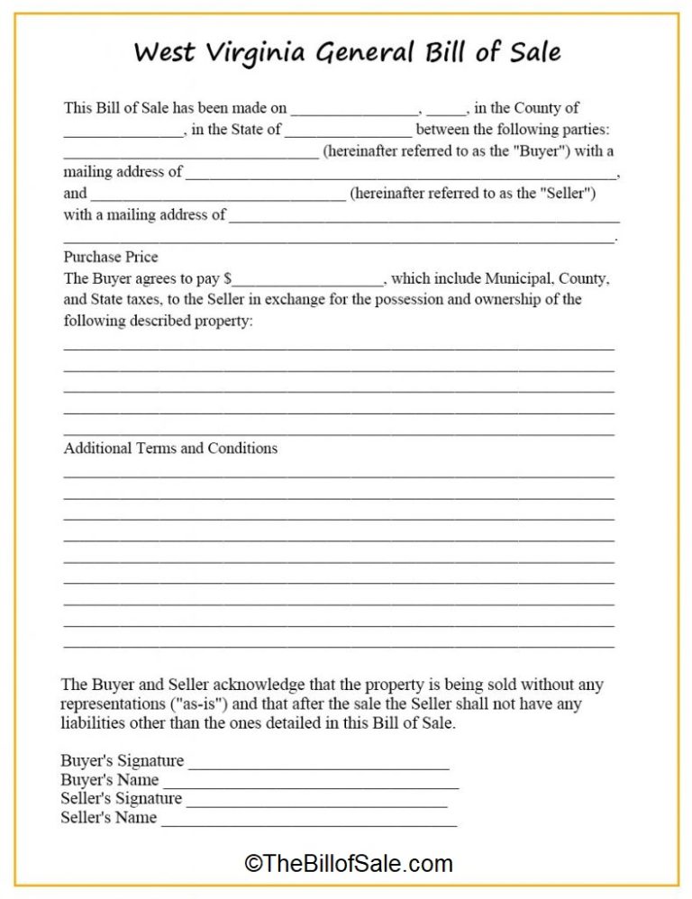 West Virginia Bill Of Sale Form For General Car Vehicle And Dmv 0245