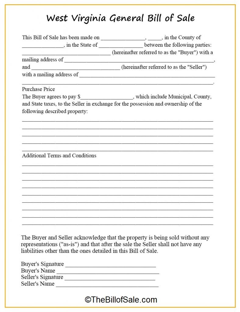 West Virginia Bill Of Sale Form For General Car Vehicle And Dmv 6352