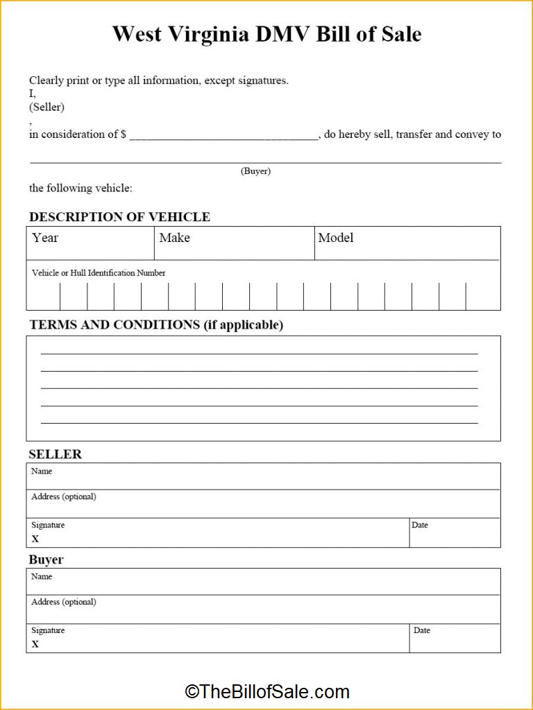 West Virginia Bill of Sale Form