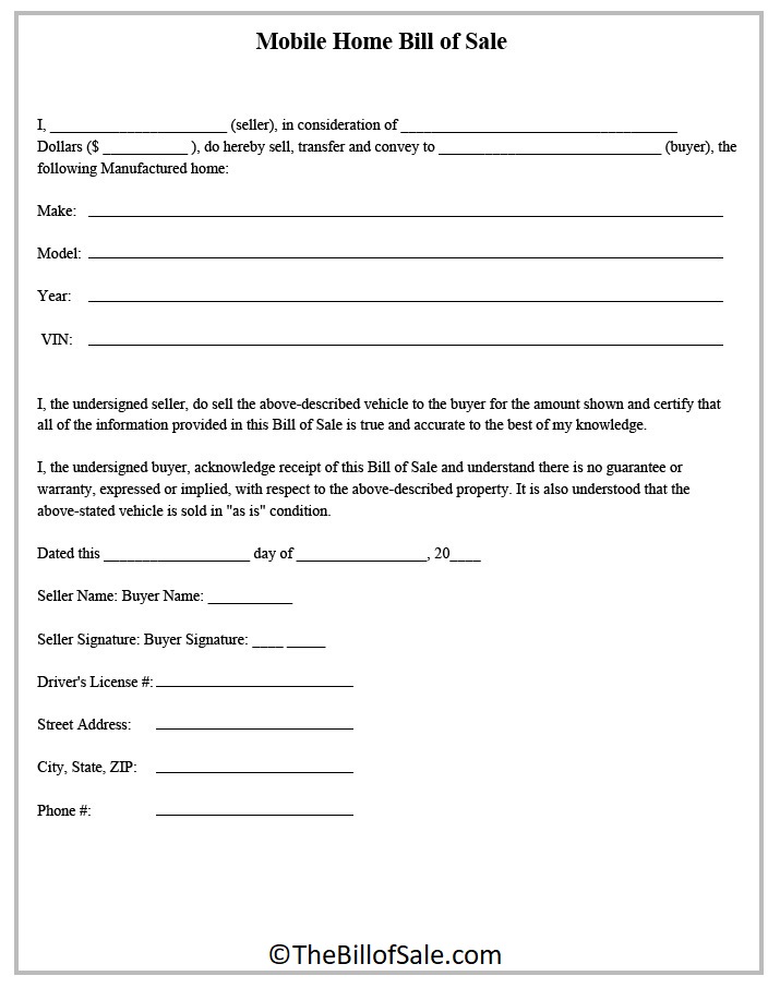 Mobile Home Bill Of Sale Template